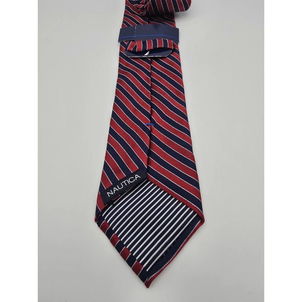 NAUTICA Men's Classic 100% Silk Necktie Designer STRIPED Red/Blue/White GUC